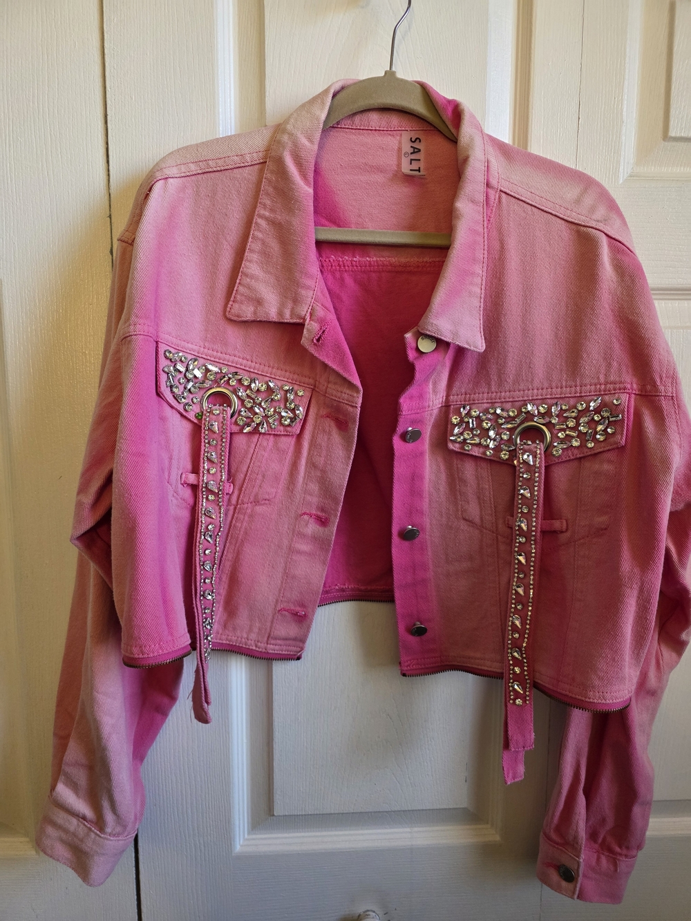 Pink Embellished Cropped Denim Jacket